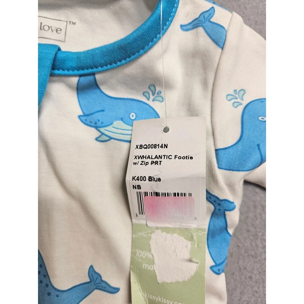 Kissy Love Newborn Blue Whale Print Pima Cotton Zip Footie Sleeper XWHALANTIC